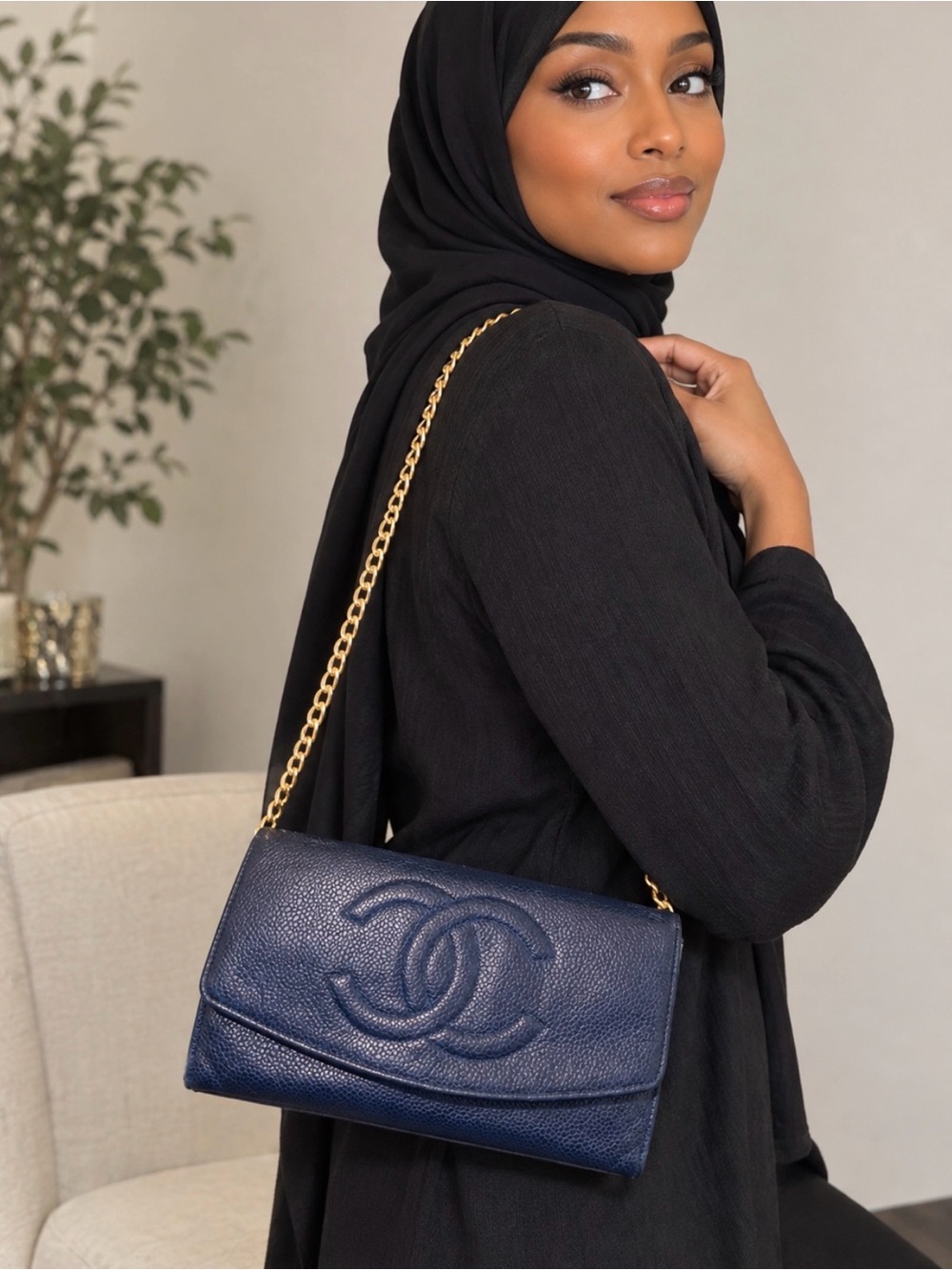 Authentic CHANEL COCO Mark Caviar Skin Navy Blue Flap Purse
